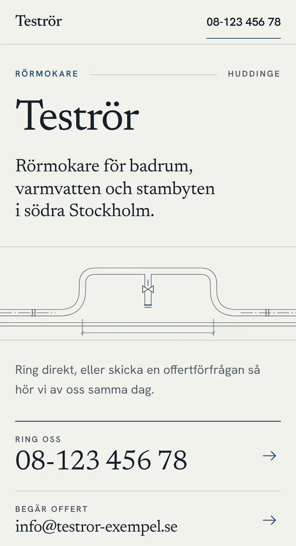 Demosida för ett påhittat rörföretag i Huddinge, mobilvy