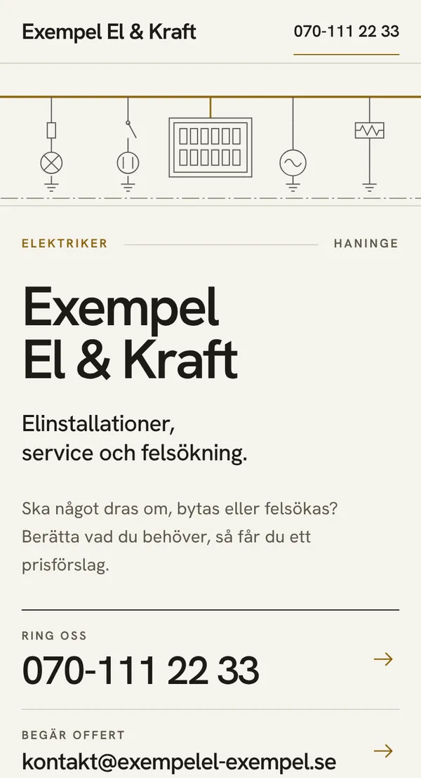 Demosida för en påhittad elfirma i Haninge, mobilvy
