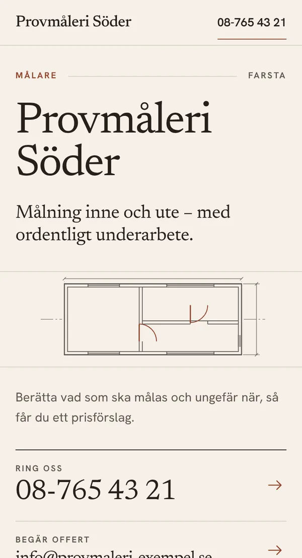 Demosida för en påhittad målerifirma i Farsta, mobilvy