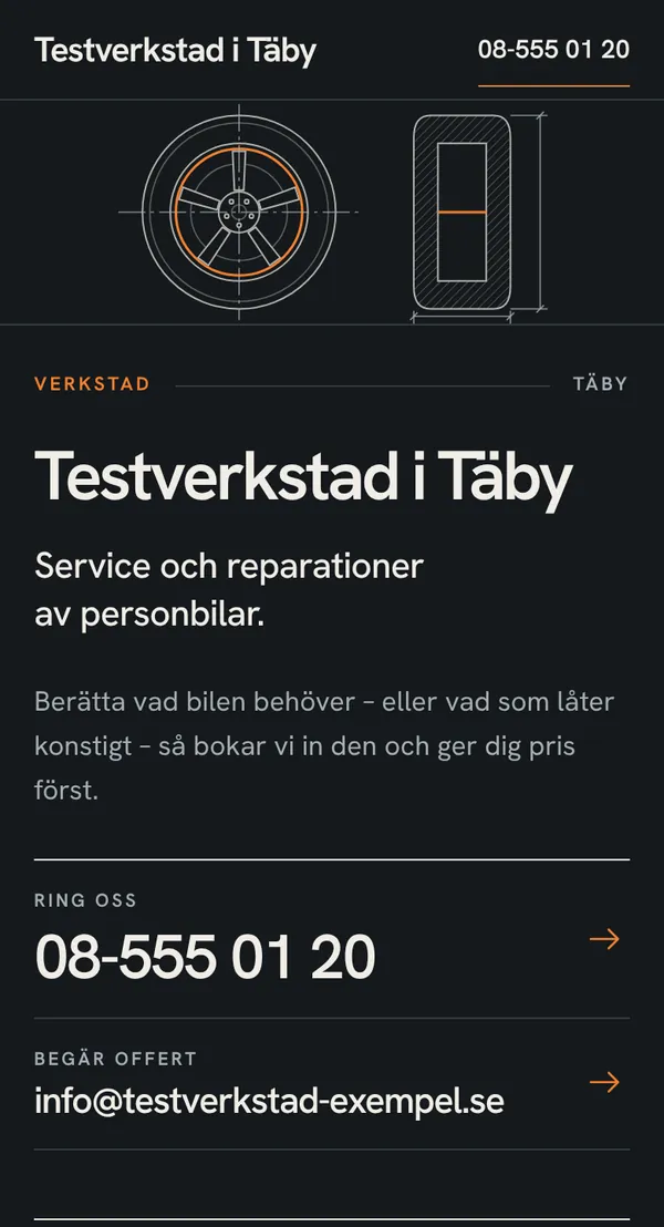 Demosida för en påhittad bilverkstad i Täby, mobilvy, designen Ritning i mörkt