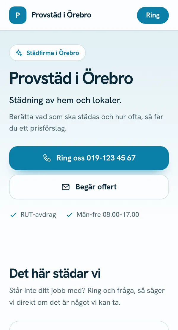 Demosida för en påhittad städfirma i Örebro, mobilvy, designen Kort i ljusblått