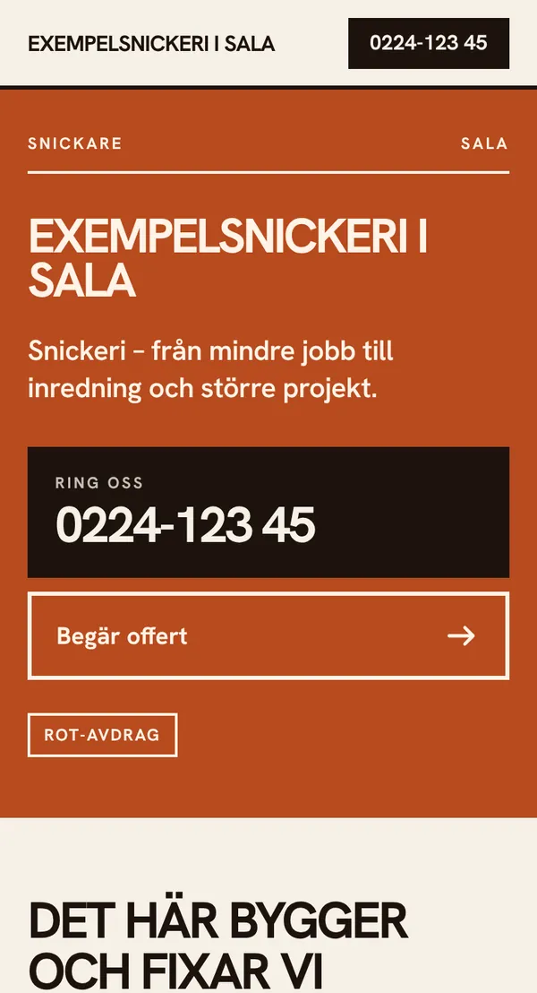 Demosida för ett påhittat snickeri i Sala, mobilvy, designen Affisch i terrakotta