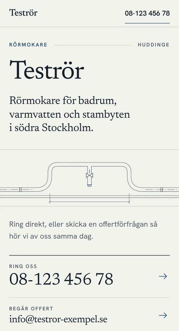 Mobilvy av en demosida för ett påhittat rörföretag: namn, vad företaget gör, en ritning, och ett stort telefonnummer